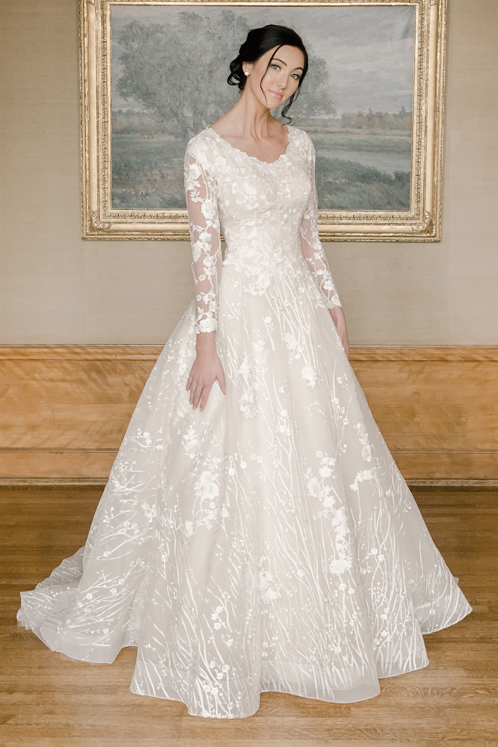 Modest Bridal by Mon Cheri MOD217 Square Neck Lace Belt Wedding Dress 